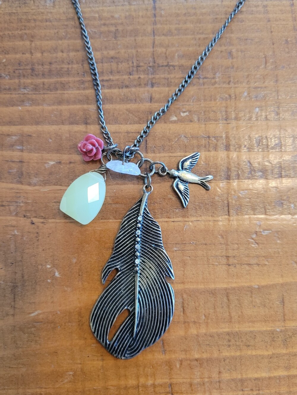 Boho Bird Feather Flower Cluster Charm Necklace Antiqued Silver Tone 28 In Long